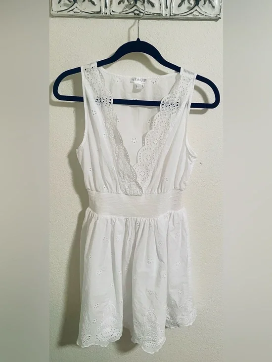 VENUS Vintage Mini Eyelet Sleeveless V-Neck Smocked Waist Sundress Fairy Boho 8 - Picture 1 of 4